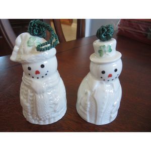 2 BELLEEK  IRELAND PORCELAIN SNOWMEN: SWEATER SNOWMAN & IRISH SNOWMAN 3"